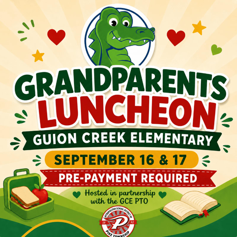 A cartoon alligator presides over a colorful announcement for a Grandparents Luncheon at Guion Creek Elementary, with a lunchbox and open book in the foreground and rolling green hills in the background.
