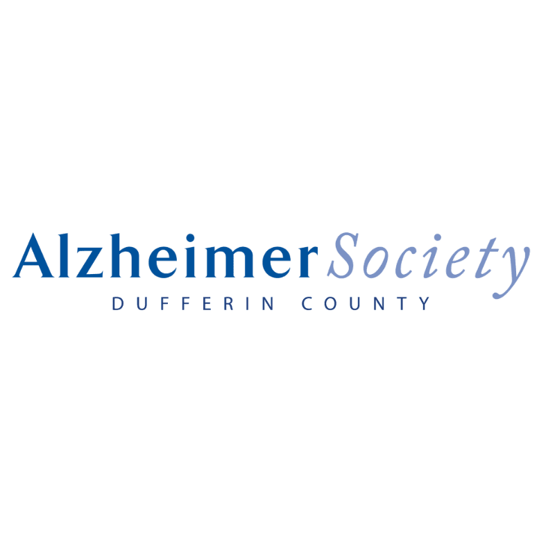 The foreground displays the words "Alzheimer Society" in blue and gray text, with "DUFFERIN COUNTY" in smaller gray text below, all set against a plain white background.