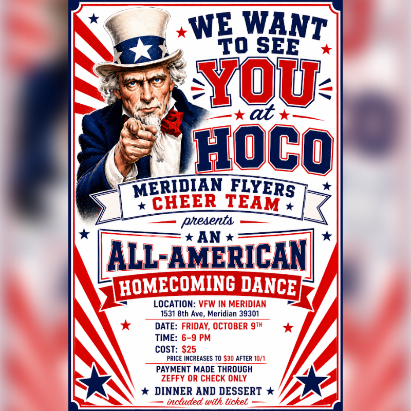 Uncle Sam points forward in the foreground, while the background is filled with red and white stripes and stars advertising an "All-American Homecoming Dance."