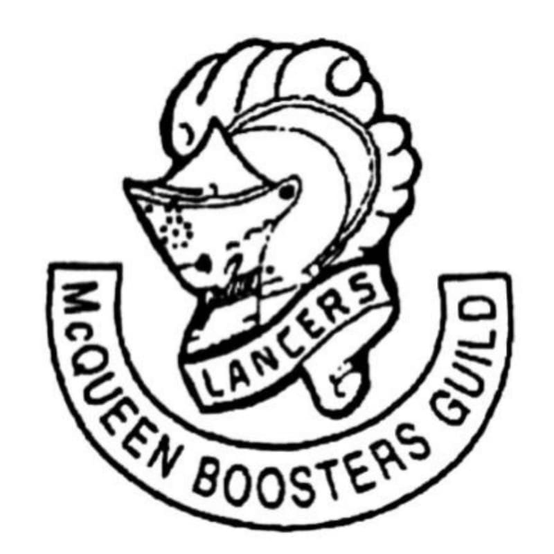 A stylized knight's helmet with the word "LANCERS" on a banner is centered above a curved band with "MCQUEEN BOOSTERS GUILD" written on it, all against a plain white background.