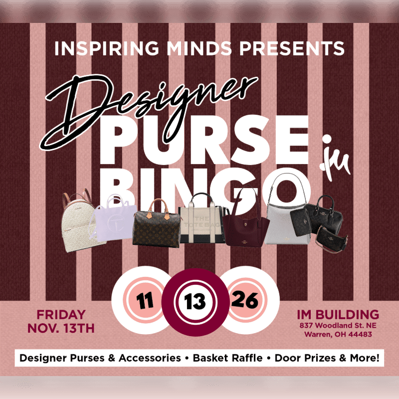 Designer purses are displayed in the foreground against a striped background advertising a "Designer Purse Bingo" event.