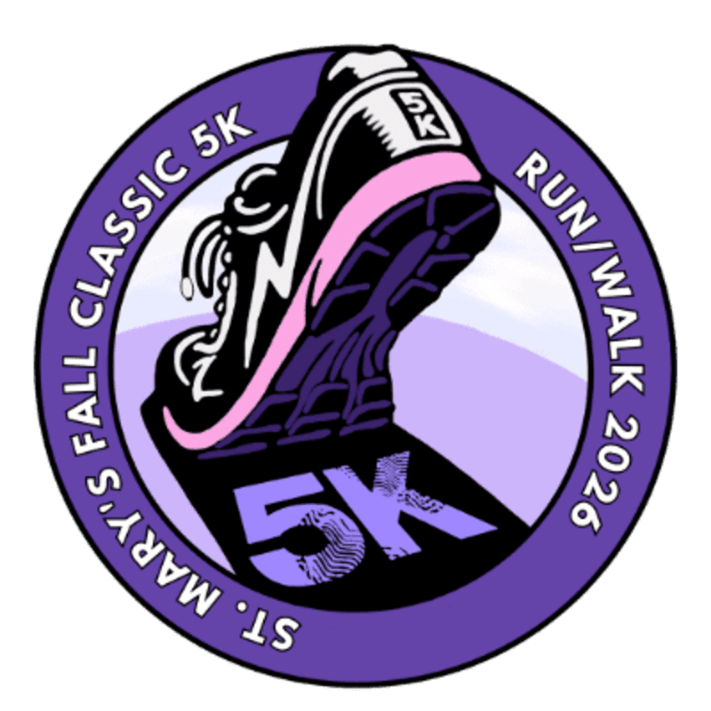 A running shoe with "5K" on its sole is featured in the foreground against a purple and white circular background with text around the edge.