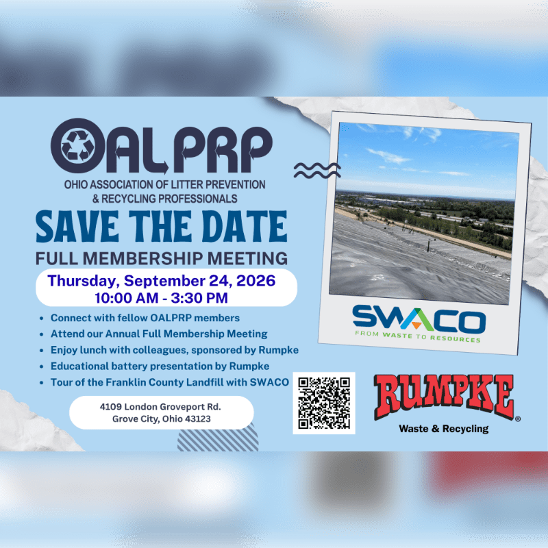 A flyer for an OALPRP meeting is displayed with a photo of a landfill in the background.