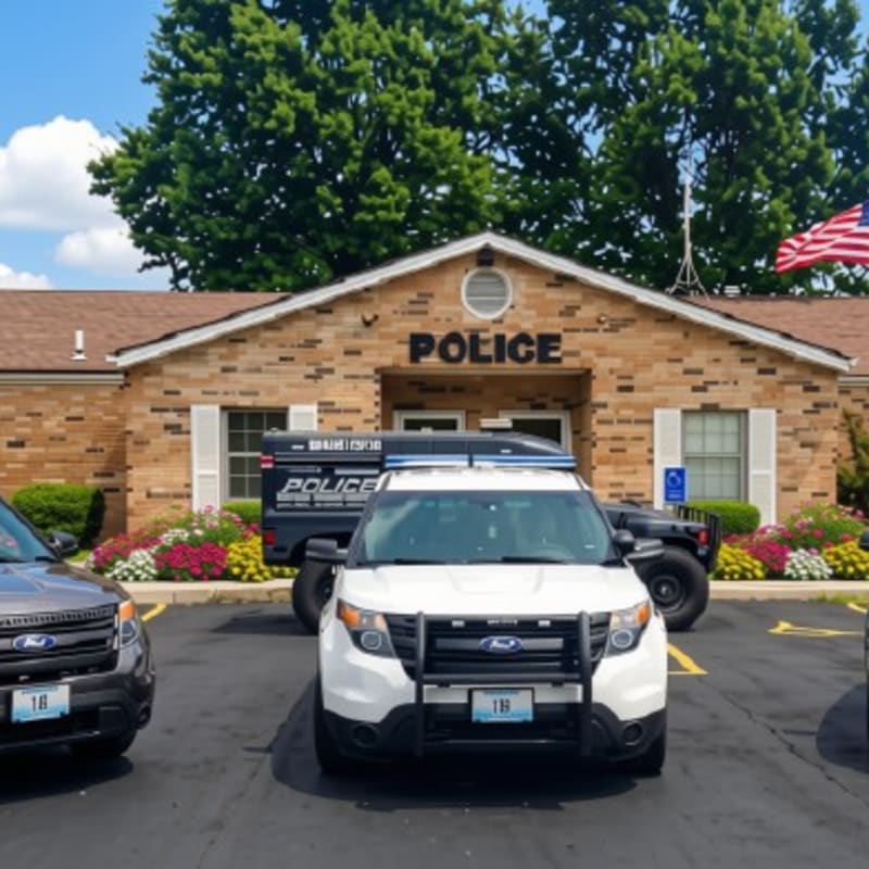 Police vehicles are parked in front of a brick building with "POLICE" signage, set against a backdrop of trees and a blue sky.