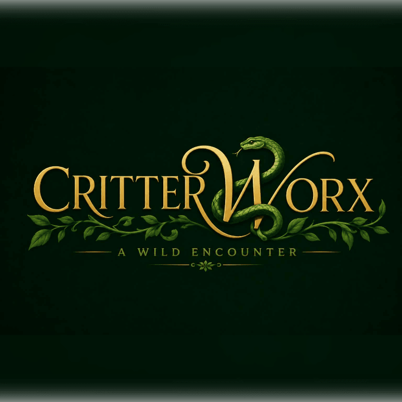 A coiled green snake forms the "W" in the golden "Critter Worx" logo, set against a dark green, leafy background.