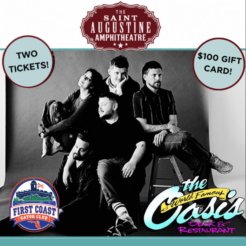 A band poses for a photo in the foreground, with promotional text for tickets, a gift card, and event venues in the background.