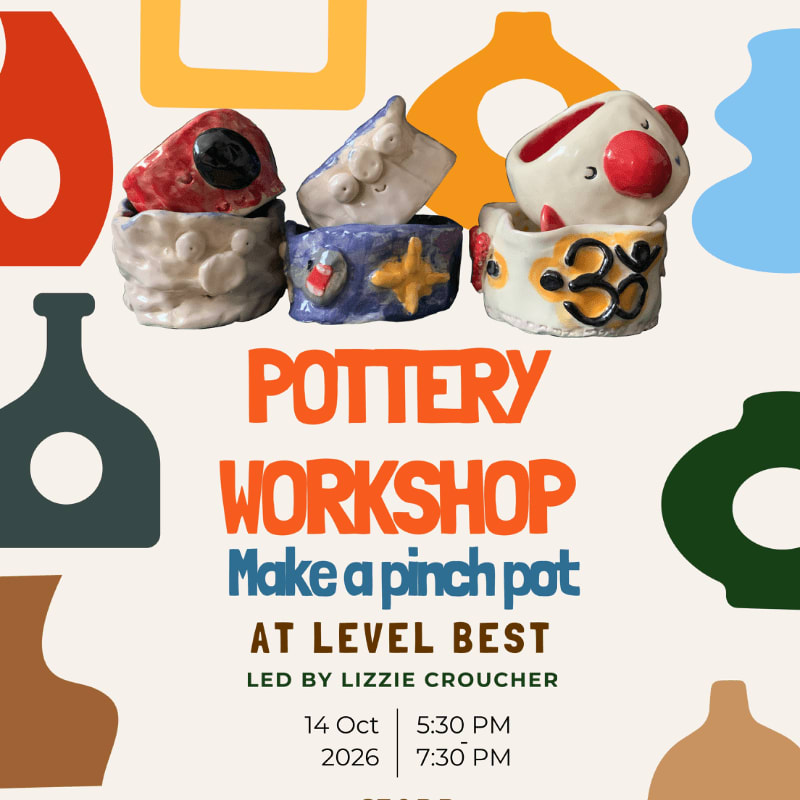 Colorful abstract shapes frame a collection of quirky, handmade pinch pots and workshop details in the foreground.