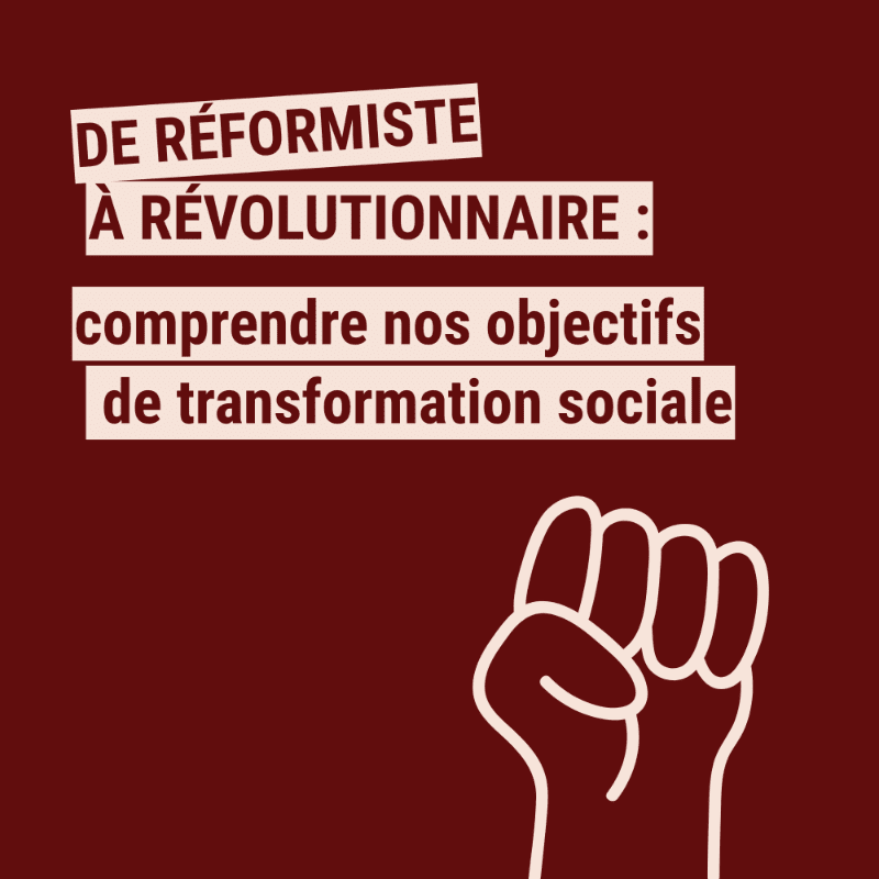 A clenched fist in the foreground is set against a dark red background with white text that reads "DE RÉFORMISTE À RÉVOLUTIONNAIRE : comprendre nos objectifs de transformation sociale."