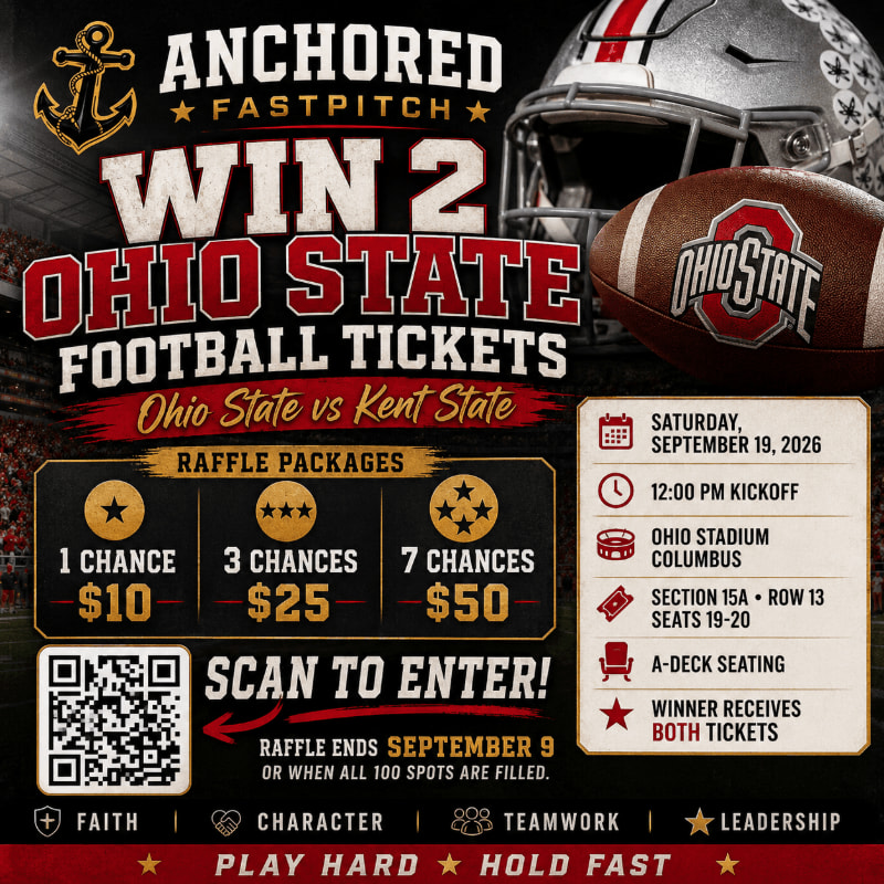 A raffle advertisement for Ohio State football tickets features a football helmet and ball in the background, with raffle package details and a QR code in the foreground.