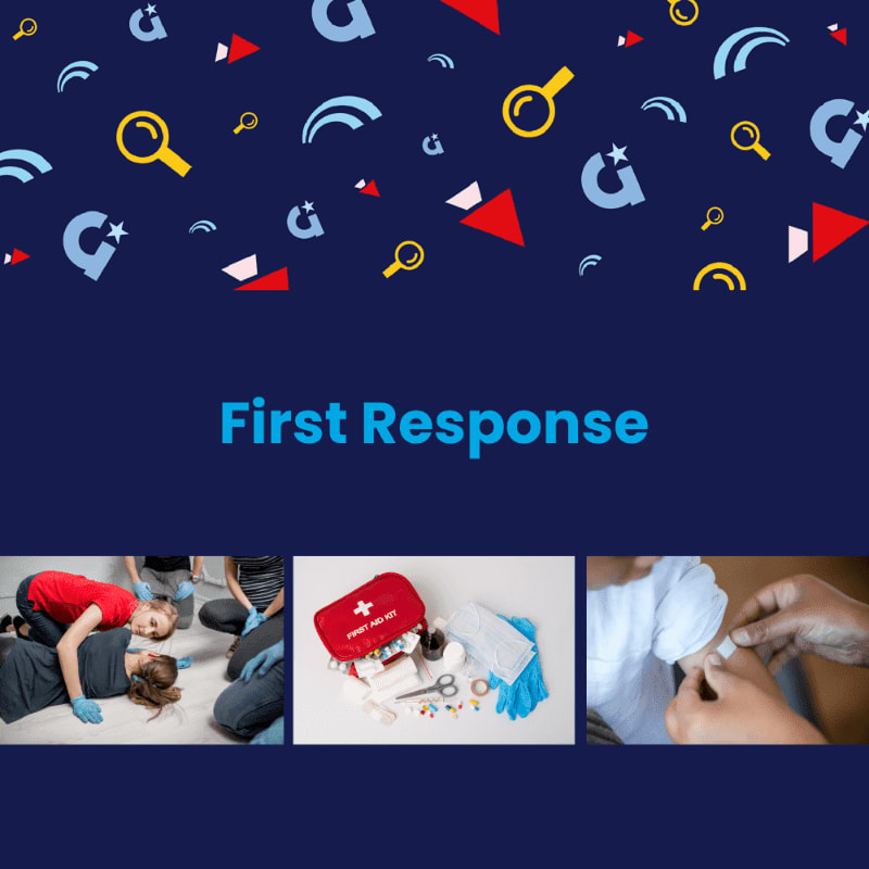 A dark blue background with colorful abstract shapes and the words "First Response" are above three smaller images: one of people practicing CPR, another of a first-aid kit, and a third of someone applying a bandage.