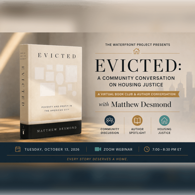 A book titled "Evicted" is prominently displayed in the foreground, while the background features event details for a virtual conversation on housing justice.