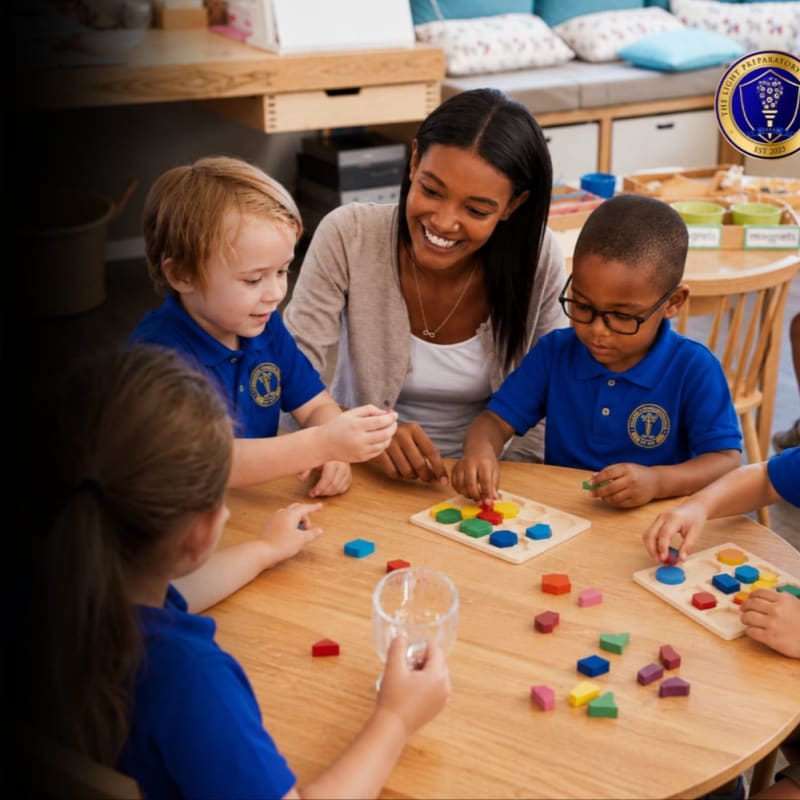 A smiling teacher guides young students in a classroom activity around a circular table, with a cozy seating area visible in the background.