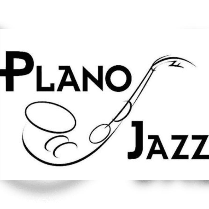 Black text spelling "PLANO JAZZ" is overlaid on a white background, with the "JAZZ" portion creatively integrated with a stylized saxophone silhouette.