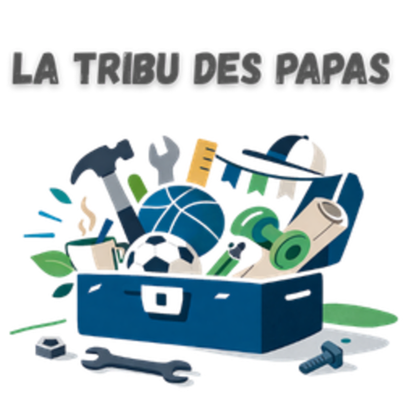 A blue toolbox overflows with sports equipment and tools in the foreground, while the words "LA TRIBU DES PAPAS" are displayed in the background.