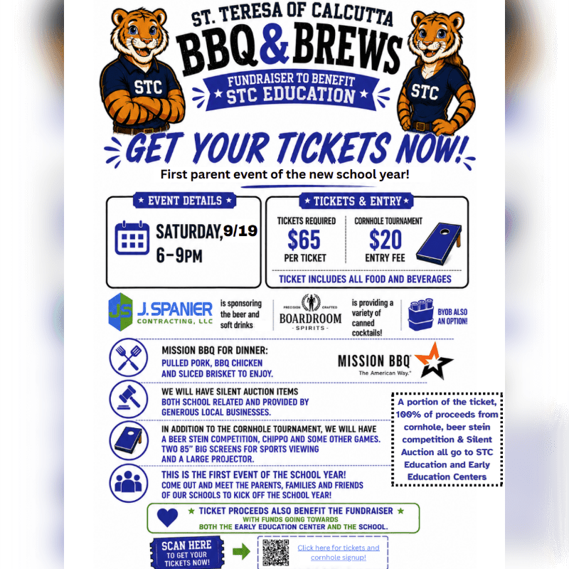 A flyer for a "St. Teresa of Calcutta BBQ & Brews" fundraiser is displayed, featuring tigers in athletic wear and event details in the foreground, against a light blue background with a subtle pattern.