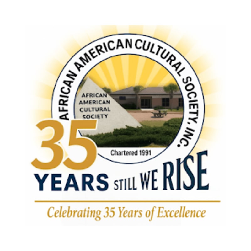 A logo celebrating 35 years of the African American Cultural Society features a building and pyramid in the background, with large "35 YEARS STILL WE RISE" text in the foreground.