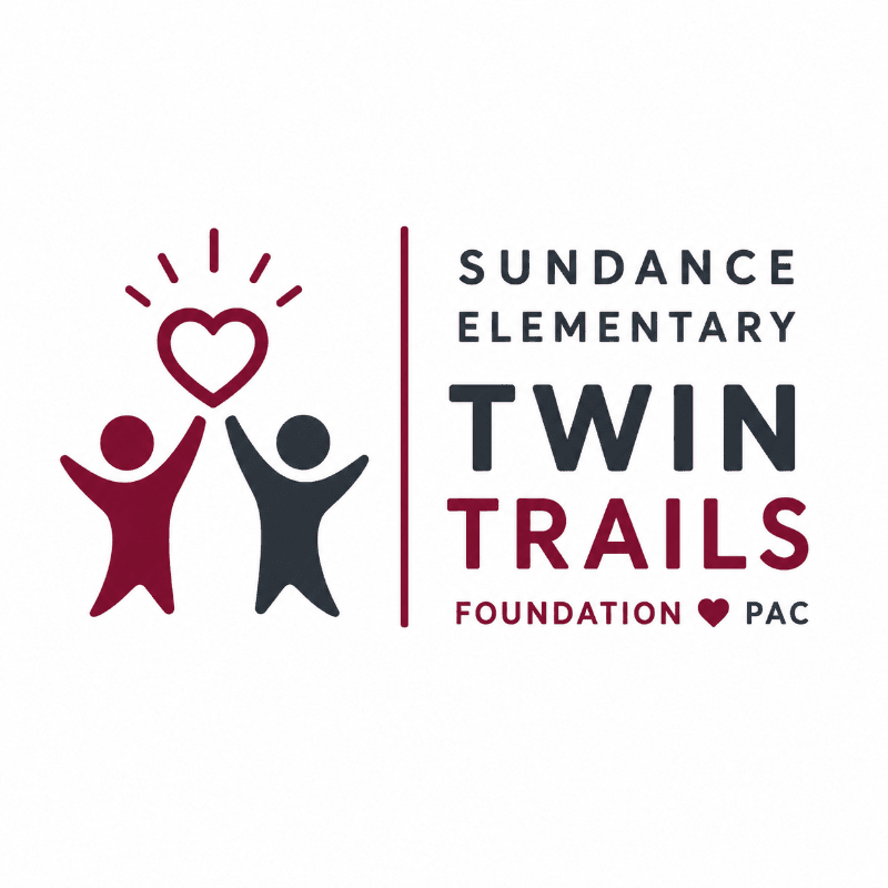 Two stylized figures hold a heart above their heads in the foreground, while the background features text for "SUNDANCE ELEMENTARY TWIN TRAILS FOUNDATION ♥ PAC".