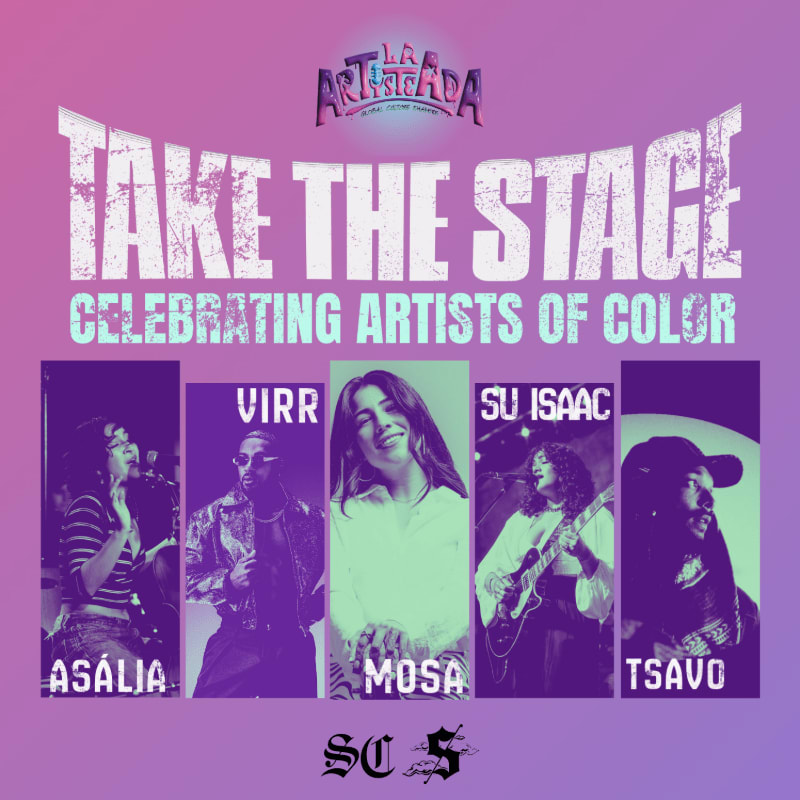 Five portraits of musicians are displayed in purple panels against a gradient purple and pink background with large white text reading "TAKE THE STAGE CELEBRATING ARTISTS OF COLOR."