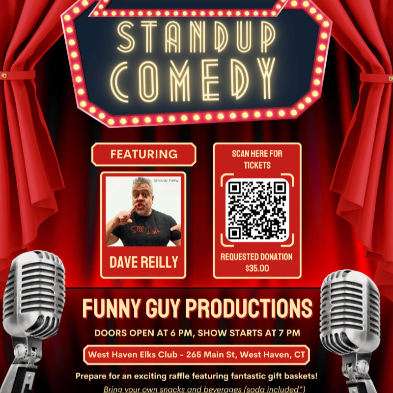 Two vintage microphones stand in the foreground against a red curtain backdrop advertising a standup comedy show featuring Dave Reilly.