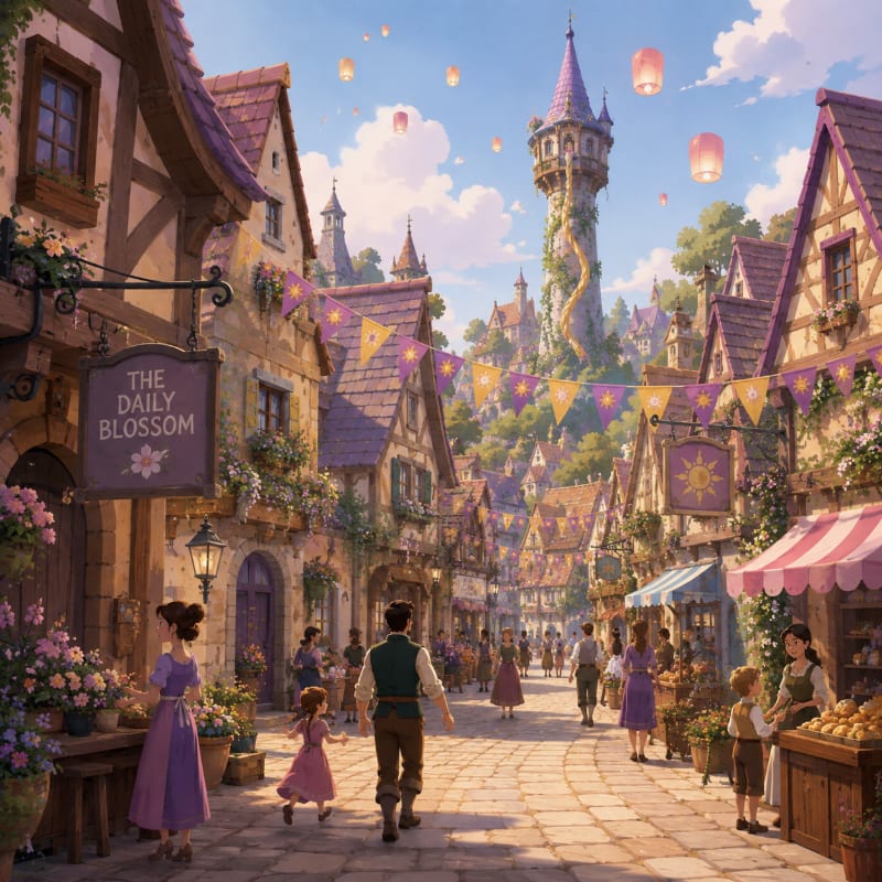 A cobblestone street lined with charming shops and people walking, leads to a distant tower under a sky filled with floating lanterns.
