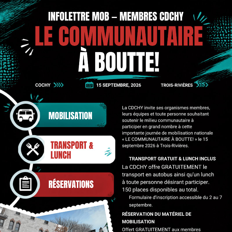 A flyer announces a national mobilization day called "LE COMMUNAUTAIRE À BOUTTE!" on September 15, 2026, in Trois-Rivières, with icons for mobilization, transport, and reservations in the foreground, and text detailing the event and free transport and lunch in the background.
