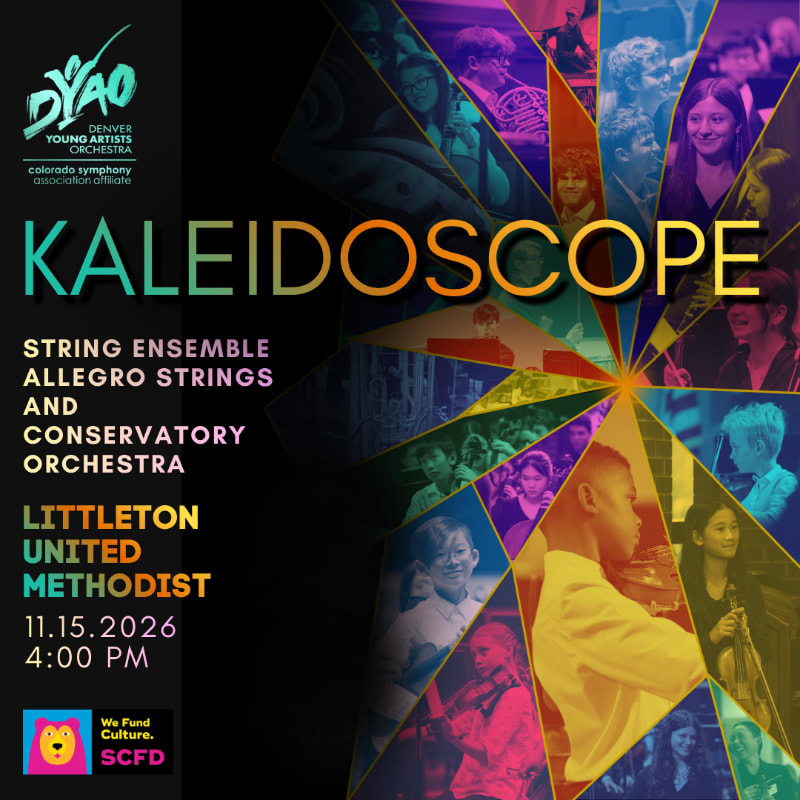 A vibrant collage of young musicians performing fills the background, while the foreground displays event details for a DYAO concert titled "Kaleidoscope."