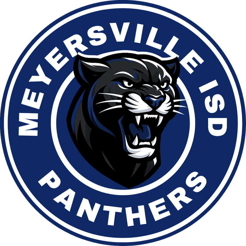 A snarling black panther's head is centered within a blue circular logo that reads "MEYERSVILLE ISD PANTHERS" around its perimeter.