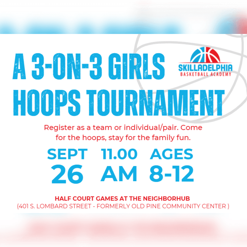 A blue and white flyer announces a 3-on-3 girls' basketball tournament with registration details in the foreground, set against a faint basketball net graphic in the background.