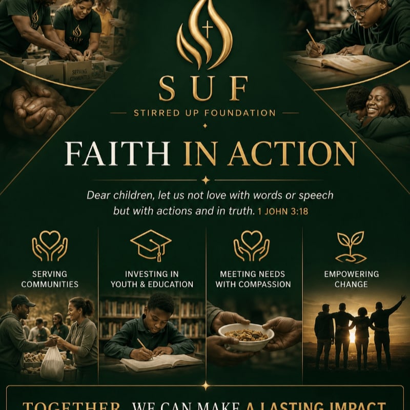 In the foreground, four icons represent the foundation's mission, while the background features images of people engaged in community service and education.