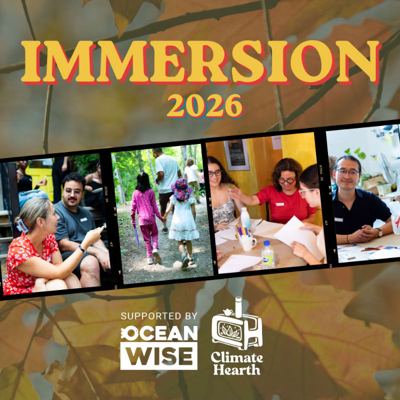 A collage of four photos showing people interacting in various settings, with the word "IMMERSION 2026" at the top and logos for "OCEAN WISE" and "Climate Hearth" at the bottom, all overlaid on a blurred background of autumn leaves.