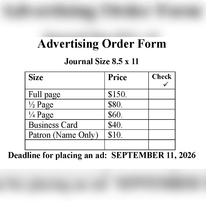 A blurred background frames an advertising order form listing prices for journal ad sizes and a September 11, 2026 deadline.