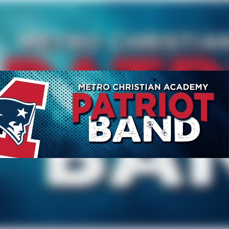 A red, white, and blue logo with "PATRIOT BAND" in large letters is in the foreground, set against a blurred blue and white background.