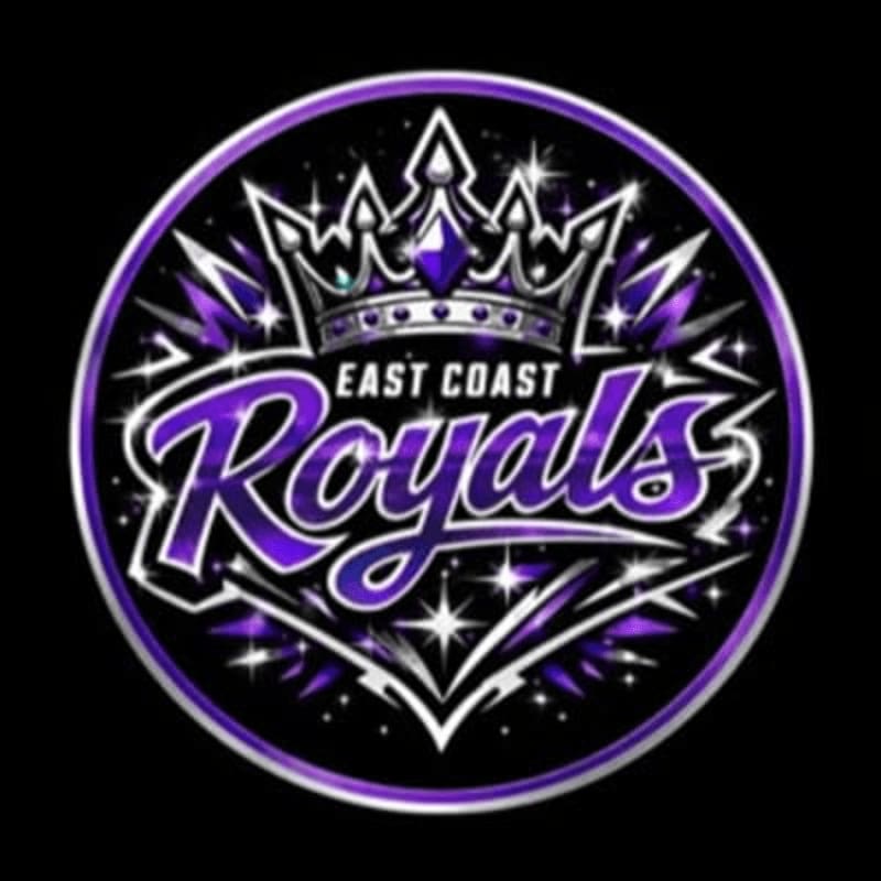 A purple and silver crown with "East Coast Royals" written across it is set against a black background with sparkling accents.