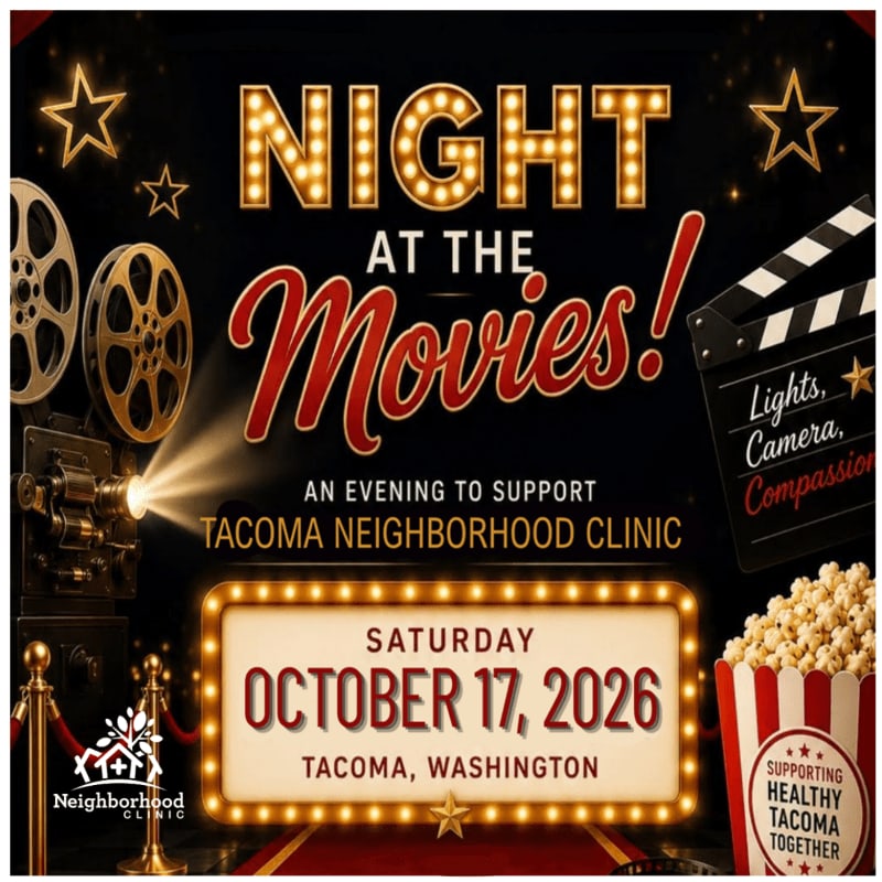 A vintage movie projector illuminates a red carpet in the foreground, while the background features a marquee-style title announcing "Night at the Movies!" for Tacoma Neighborhood Clinic.