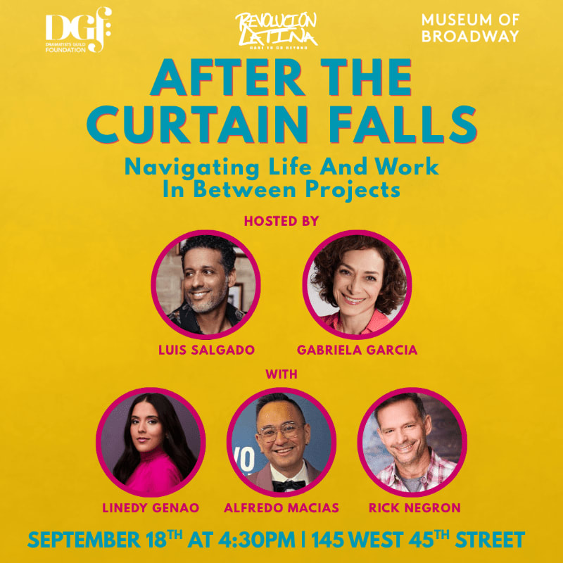 A bright yellow background features the title "AFTER THE CURTAIN FALLS" in large blue and green letters, with smaller text and portraits of five individuals in the foreground.