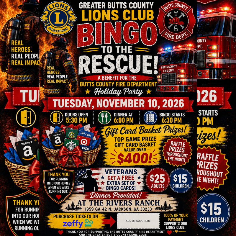 Firefighters and fire trucks are featured in the background of a flyer for a Lions Club bingo event benefiting the Butts County Fire Department.