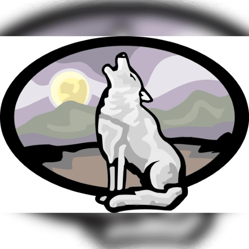 A white wolf howls at a full moon in the foreground, with silhouetted mountains and a twilight sky in the background.