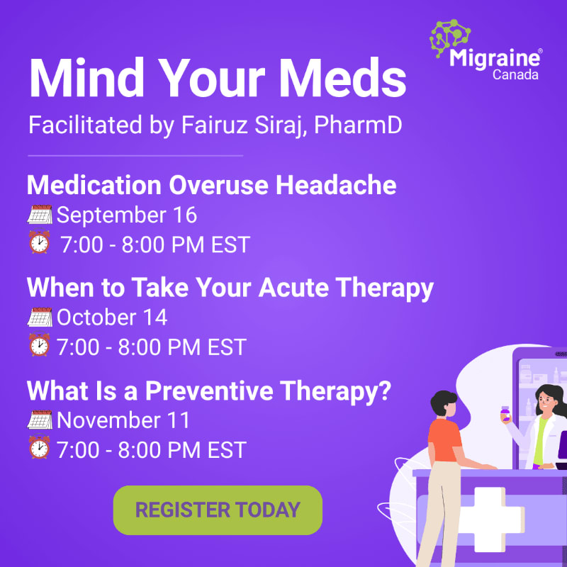 A purple background with text about migraine medication webinars is in the foreground, while a stylized illustration of two women at a pharmacy counter is in the background.