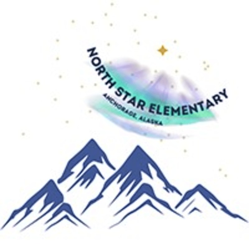 Snow-capped mountains rise in the foreground beneath a swirling aurora borealis and scattered stars, with the words "North Star Elementary Anchorage, Alaska" arcing above.