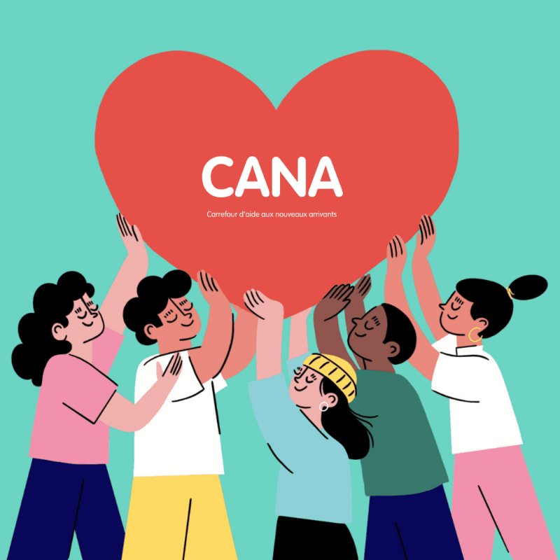 Five diverse people hold up a large red heart with "CANA" written on it against a teal background.