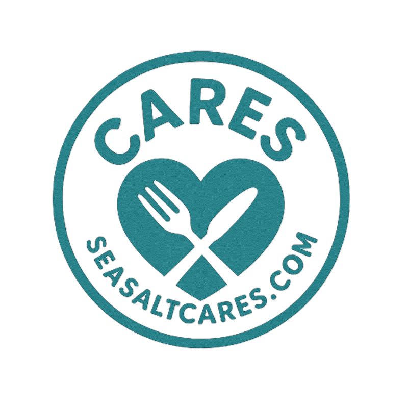 A teal circle with the word "CARES" at the top, a heart with a fork and knife crossed inside it, and "SEASALTCARES.COM" at the bottom, all on a white background.