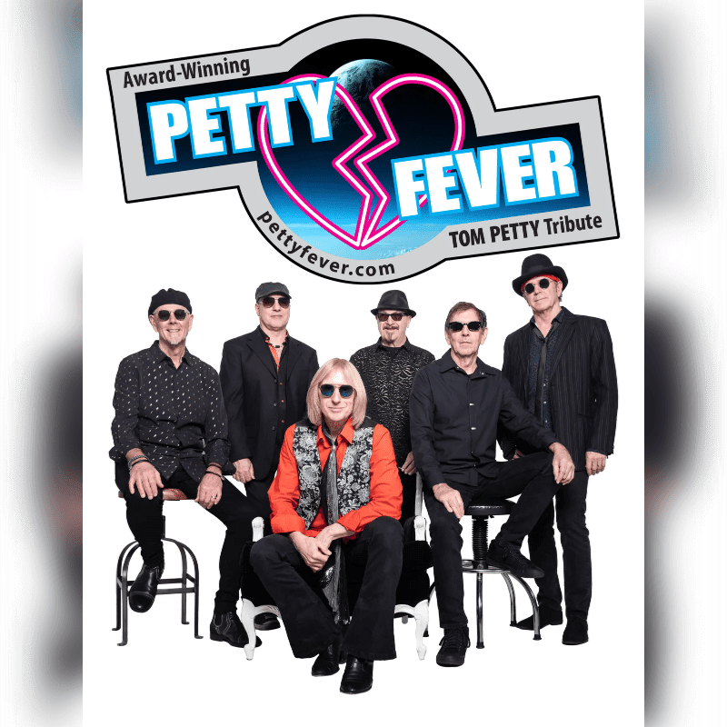 A band of six men dressed in rock-and-roll attire poses in front of a "Petty Fever" logo.