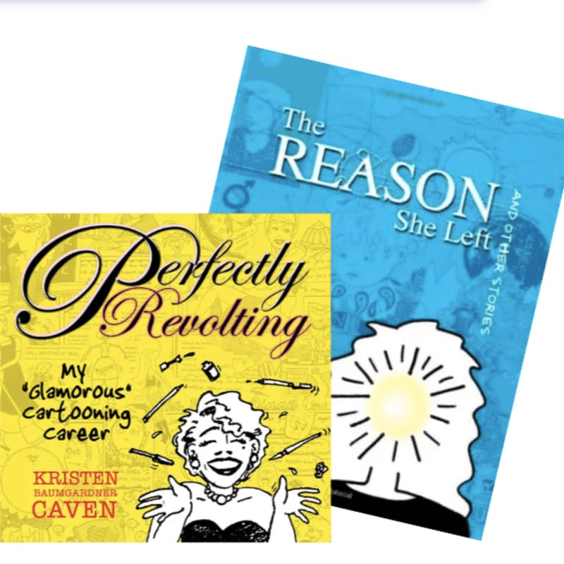 Two books, "Perfectly Revolting" and "The Reason She Left and Other Stories," are angled against a white background.