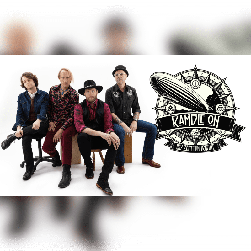 Four men in casual attire are seated in the foreground, with a stylized "Ramble On" logo featuring a blimp and compass rose to their right, all against a plain white background.