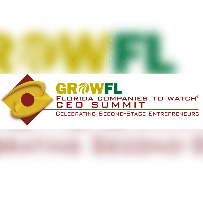 A blurred yellow and green "GROWFL" logo is in the background, while the foreground displays the "GROWFL FLORIDA COMPANIES TO WATCH CEO SUMMIT" text with a stylized eye graphic.