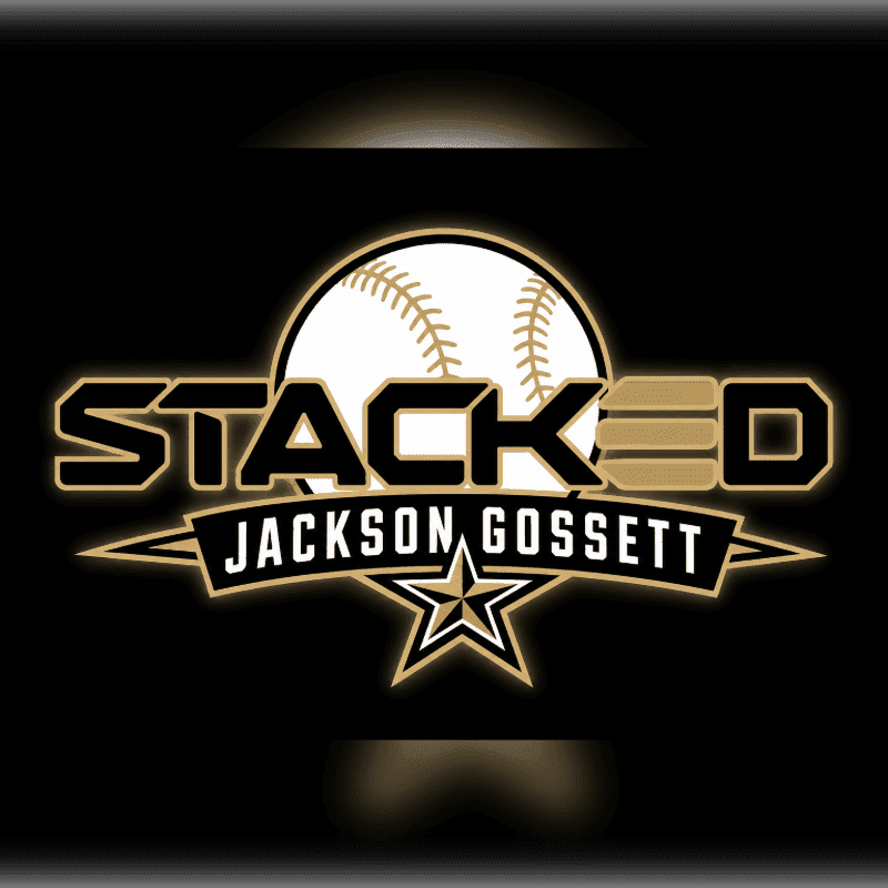 A baseball logo with the name "STACKED JACKSON GOSSETT" is centered on a black background with a subtle gradient.