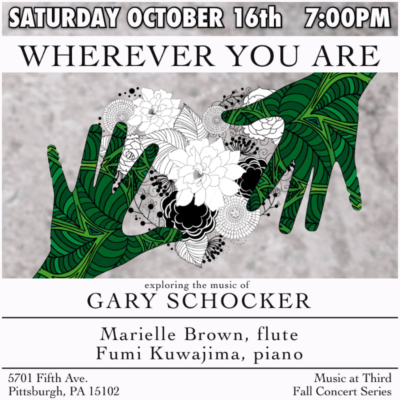 Two green, patterned hands form a heart shape in the foreground against a textured gray background, advertising a concert by Gary Schocker.