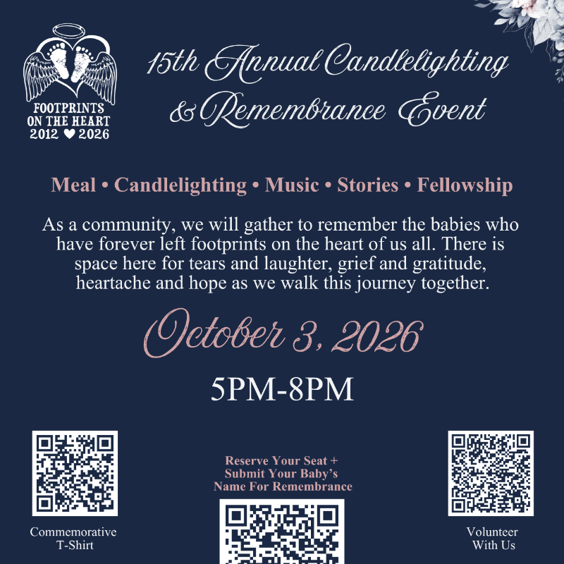 A dark blue background with white and pink text announces the 15th Annual Candlelighting & Remembrance Event, featuring details about the event, date, time, and QR codes for registration and volunteering.