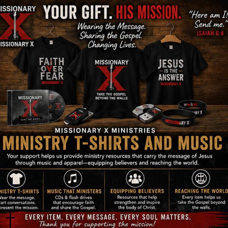 In the foreground, t-shirts, CDs, and bracelets with "Missionary X" branding are displayed, while the background features a large graphic promoting "Your Gift. His Mission." with biblical text.