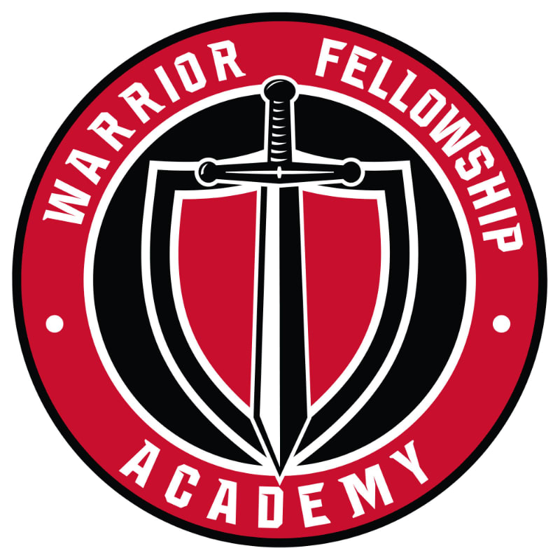 A red and black circular logo features a shield with a sword in the foreground, and the words "WARRIOR FELLOWSHIP ACADEMY" encircling the emblem in the background.